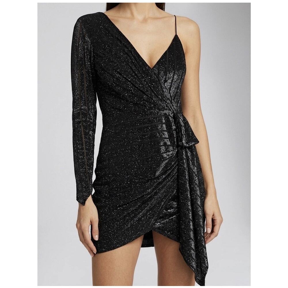 Retrofete Carole Asymmetric Metallic One-Shoulder Mini Dress Black Silver XS
